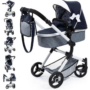 Bayer Design Dolls: Pram Neo Vario - Blue, Grey, White - Includes Shoulder Bag, Fits Dolls Up to 20.5", Convertible to A Pushchair, Adjustable & Reversible Handle, Swivel Front Wheels, Ages 3+ in Kuwait
