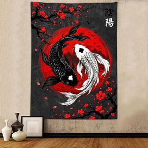 Japanese Yin Yang Koi Fish Tapestry, Cool Red and Black Anime Sakura Art Tapestries Vertical Wall Hanging for Men Bedroom Living Room Office Decor 40X60", Asian Cherry Blossoms Poster Blanket in Kuwait