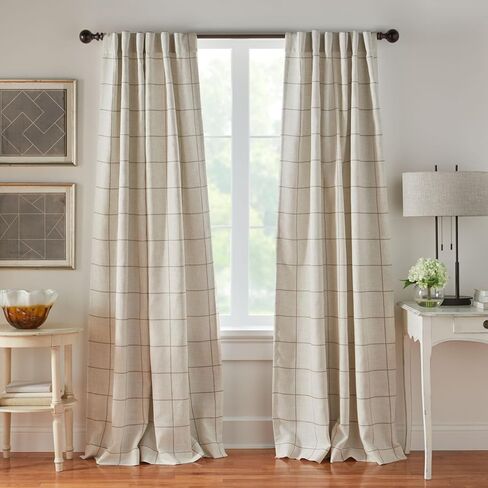 Elrene Home Fashions Farmhouse Living Grainger Buffalo-Check ستارة نافذة التعتيم، ستارة غرفة المعيشة وغرفة النوم مع علامات جيب قضيب، 52 بوصة × 84 بوصة، كتان، لوحة واحدة in Kuwait
