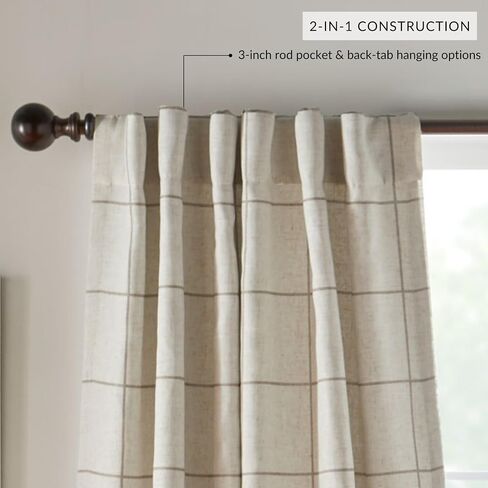 Elrene Home Fashions Farmhouse Living Grainger Buffalo-Check ستارة نافذة التعتيم، ستارة غرفة المعيشة وغرفة النوم مع علامات جيب قضيب، 52 بوصة × 84 بوصة، كتان، لوحة واحدة in Kuwait