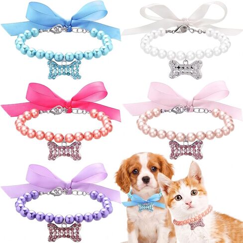 Frienda 5 Pieces Pet Pearl Necklace Diamond Crystal Dog Pearl Necklace Collars with Bling Rhinestones Bone Dog Pearl Jewelry Set Wedding Collar for Puppy Pets Dogs in Kuwait