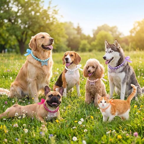 Frienda 5 Pieces Pet Pearl Necklace Diamond Crystal Dog Pearl Necklace Collars with Bling Rhinestones Bone Dog Pearl Jewelry Set Wedding Collar for Puppy Pets Dogs in Kuwait