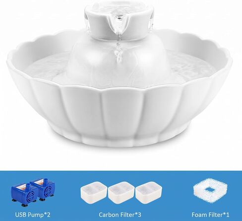 iPettie Tritone Ceramic Cat Water Fountain, Heavy-Duty Waterer for Pets, 2.1 Liters / 2.2 Quart Filtered Water Purifier with Replacement Filters and Foam, White in Kuwait