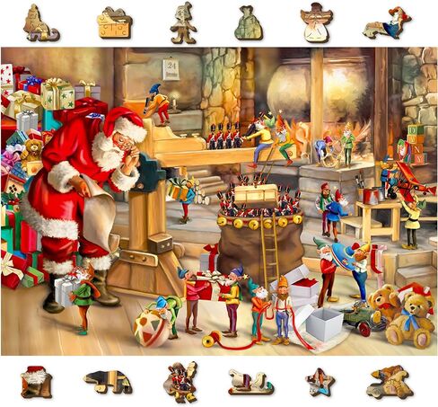 WOODEN.CITY Wooden Christmas Puzzle 500 Pieces with Unique Pieces & Unusual Shapes - Santa Workshop - Christmas Puzzles for Adults - Winter Scene Puzzles - Christmas Vacation Puzzle - Winter Puzzles in Kuwait