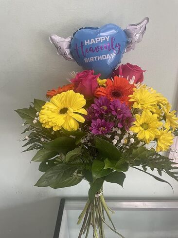 Heavenly Balloons on a stick Happy Heavenly Birthday blue/purple balloon heart shaped with angel wings in Kuwait