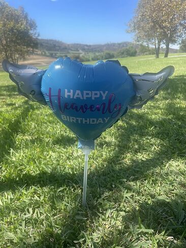 Heavenly Balloons on a stick Happy Heavenly Birthday blue/purple balloon heart shaped with angel wings in Kuwait