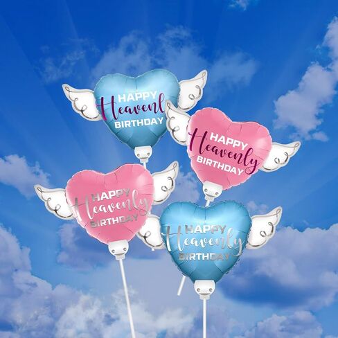 Heavenly Balloons on a stick Happy Heavenly Birthday blue/purple balloon heart shaped with angel wings in Kuwait