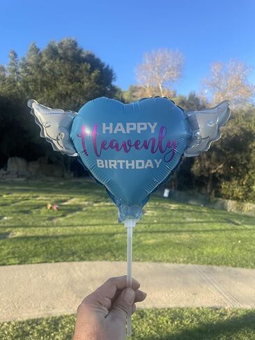 Heavenly Balloons on a stick Happy Heavenly Birthday blue/purple balloon heart shaped with angel wings in Kuwait
