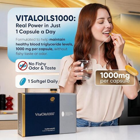 Vital Oils 1000 Premium Omega 3 Fish Oil Supplement - Ultra Strength DHA, IFOS Certified Fish Oil, Premium Gold Standard Burpless Omega 3 Capsules (1 Month Supply) in Kuwait