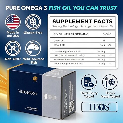 Vital Oils 1000 Premium Omega 3 Fish Oil Supplement - Ultra Strength DHA, IFOS Certified Fish Oil, Premium Gold Standard Burpless Omega 3 Capsules (1 Month Supply) in Kuwait