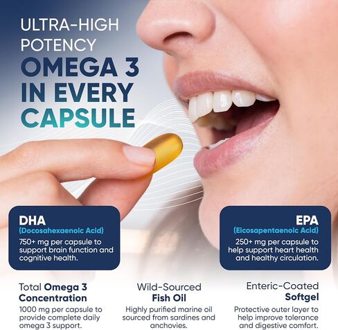Vital Oils 1000 Premium Omega 3 Fish Oil Supplement - Ultra Strength DHA, IFOS Certified Fish Oil, Premium Gold Standard Burpless Omega 3 Capsules (1 Month Supply) in Kuwait
