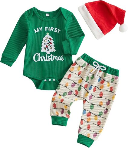 FYBITBO My First Christmas Baby Boy Girl Outfits Newborn Infant Letter Romper Shirt Pants Hat 1St Christmas Clothes Set in Kuwait