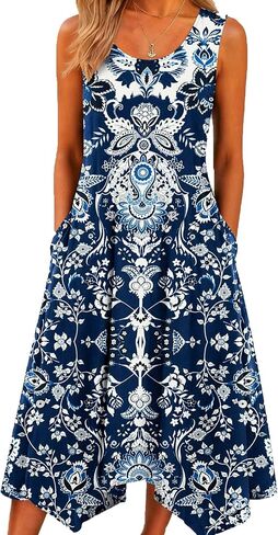 HOTOUCH Women's Casual Summer Dress Sleeveless Sundress Hankerchief Hem Midi Tank Dresses Beach Dress with Pockets in Kuwait