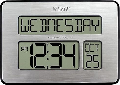 La Crosse Technology 513-1419-INT Atomic Full Calendar Clock with Extra Large Digits - Silver, 9.84"L x 1.14"W x 7.48"H in Kuwait