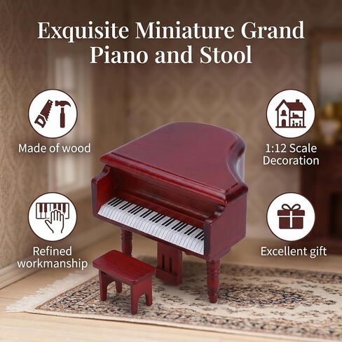 Mini Simulation Wooden Grand Piano with Stool for 1:12 Doll House Furniture and Accessory White Doll Accessories in Kuwait