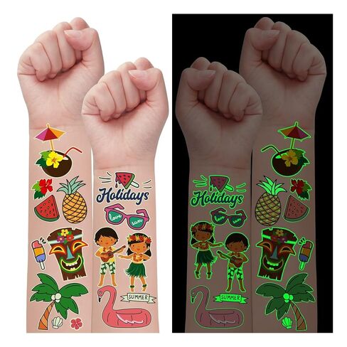 Partywind 190 Styles Luminous Hawaiian Luau Party Decorations, Glow Hawaiian Temporary Tattoos for Kids, Luau Tropical Pool Summer Beach Party Supplies Favors (12 Sheets) in Kuwait