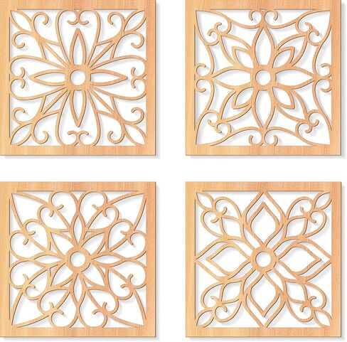 KOYILTD 4 Pieces Thicken Rustic Wall Decor,Flower Carved Wall Art,Wooden Hollow Carved Design (Square, 8.2in) in Kuwait