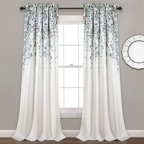 Lush Decor Weeping Flower Light Filtering Window Curtain Panels, Pair, 52"W x 84"L + 2" Header, Blue & Gray - Charming Modern Floral Curtains for Living Room, Dining Room, & Bedroom in Kuwait