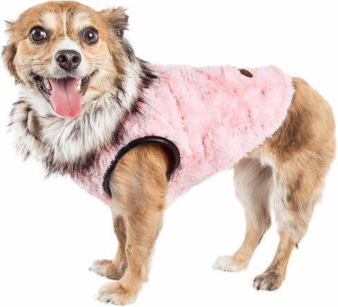 Pet Life ® Luxe 'Pinkachew' Charming Designer Mink Fur Dog Coat - Pet Dog Jacket with Easy Hook-and-Loop Belly enclosures - Winter Dog Coat for Small Medium and Large Dog Clothes in Kuwait