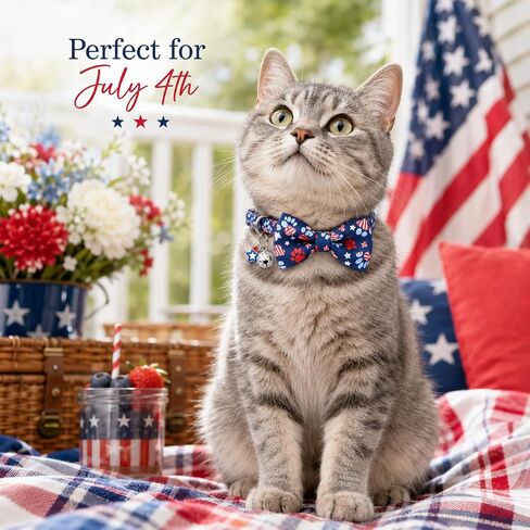 Pohshido 4th of July Cat Bow Tie Collar, American Patriotic Day Breakaway Kitty Kitten Collar for Boys and Girls in Kuwait