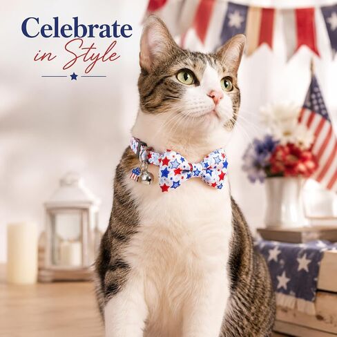 Pohshido 4th of July Cat Bow Tie Collar, American Patriotic Day Breakaway Kitty Kitten Collar for Boys and Girls in Kuwait