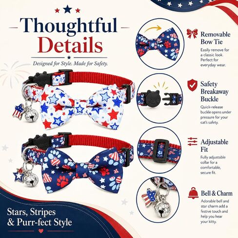 Pohshido 4th of July Cat Bow Tie Collar, American Patriotic Day Breakaway Kitty Kitten Collar for Boys and Girls in Kuwait