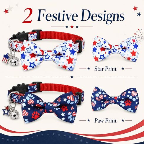 Pohshido 4th of July Cat Bow Tie Collar, American Patriotic Day Breakaway Kitty Kitten Collar for Boys and Girls in Kuwait
