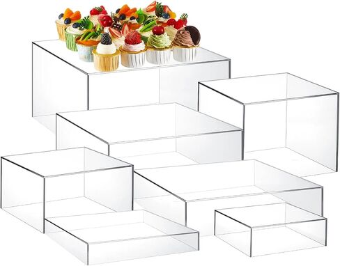 Leinuosen 7 Pcs Acrylic Display Box Acrylic Cube 5 Sided Acrylic Box with Hollow Bottom Food Risers for Buffet Table Nesting Acrylic Stands for Display Storage, Square, 7 Size (Clear) in Kuwait