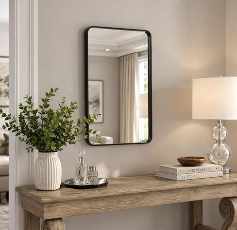 مرآة حائط بإطار معدني مستطيل من NXHOME - مرآة زينة للحمام مقاس 18 × 28 بوصة مثبتة على الحائط بزاوية مستديرة وإطار أسود لغرفة النوم وغرفة المعيشة in Kuwait