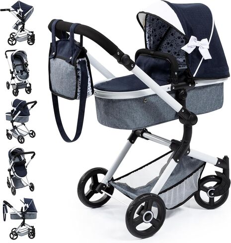 Bayer Design Dolls: Pram Neo Vario - Blue, Grey, White - Includes Shoulder Bag, Fits Dolls Up to 20.5", Convertible to A Pushchair, Adjustable & Reversible Handle, Swivel Front Wheels, Ages 3+ in Kuwait