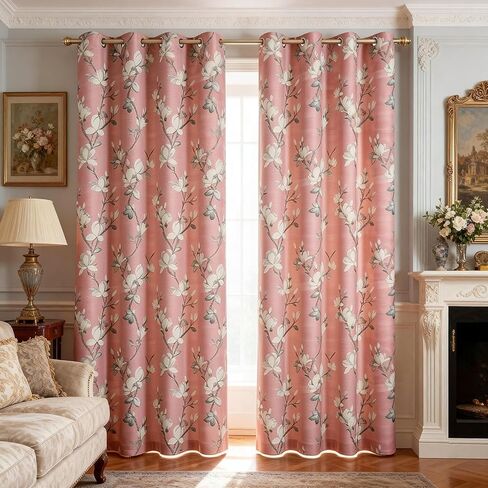 VOGOL Double Layered Bedroom Curtains, Magnolia Pattern Room Darkening Window Panels with Whit Sheer, Country Style Grommet Drapes for Living Room, 52x63, 2 Panels in Kuwait