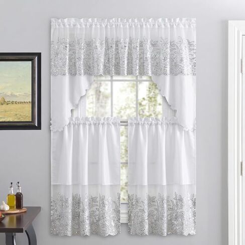 طقم ستائر نافذة مطرزة من American Linen مكون من 3 قطع، ستارة قصيرة وطبقات، مع ستائر مطبخ مطرزة، غرفة المعيشة أو الحمام، ستائر (أصفر) in Kuwait