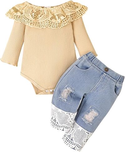 Tikoubabe Baby Girl Clothes Toddler Outfit Infant White Lace Romper Long Sleeve + Jeans Pants Clothing Set in Kuwait