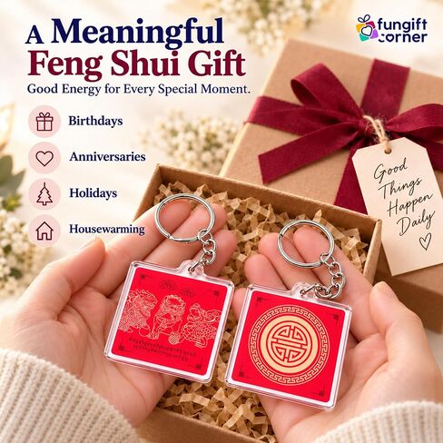 Three Celestials Guardians Shield Amulet Feng Shui Keychains, Fu Dog, Pi Yao, Chi Lin, Symbol of Protection Against 3 Affliction, Feng Shui Gift, Acrylic, Made In USA, (2 Pack) in Kuwait