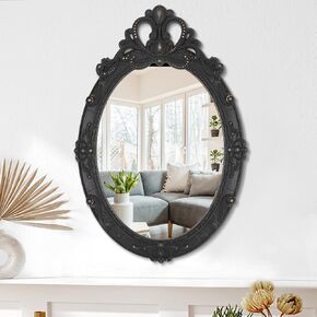 Wooden Hanging Oval Mirror Black Carved Frame Wall Mirror Rustic Vintage Decorative Mirror Aesthetic for Vanity Bedroom Bathroom Living Room Entryway Farmhouse Mirror 24"x16" in Kuwait