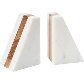 Main + Mesa Marble Geometric Bookends with Wood Inlay, White in Kuwait