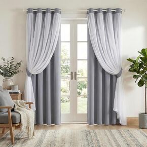 PONY DANCE Black Curtains for Bedroom - Decorative Window Curtains Double Layered Blackout Drapery White Crushed Sheers Panels Set for Living Room, 52 W x 84 L, Set of 2 in Kuwait