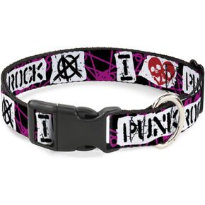 Buckle-Down 16-23" I Heart Punk Rock with Safety Pins Black/Fuchsia/White Plastic Clip Collar, Wide Medium in Kuwait
