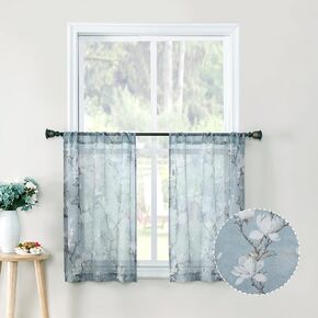 Tollpiz Floral Short Turquoise Sheer Tier Curtains Flower Print Vine Embroidery Kitchen Half Curtain Rod Pocket Café Voile Window Curtains for Bathroom, 30 x 24 inches Long, Set of 2 Panels in Kuwait