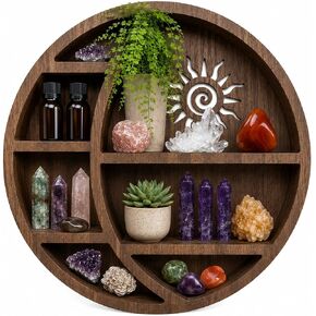 Wooden Crescent Sun Moon Shelf Wall Decor - Decorative Boho Home Hanging Display Shelf for Bedroom, Dorm, Nursery - Easy Mount Storage for Crystals and Essential Oils - 14 x 14 x 3.5 in Kuwait