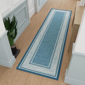 Ottomanson Machine Washable Bordered Design Non-Slip Rubberback 3x10 Traditional Runner Rug for Hallway, Kitchen, Bedroom, Living Room, 2'7" x 9'10", Blue in Kuwait