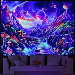 Blacklight Galaxy Tapestry Trippy Planet Tapestry UV Reactive Waterfall Landscape Tapestry Fantasy Mountain Wave Wall Tapestry Mysterious Neon Plants Wall Hanging for Room in Kuwait