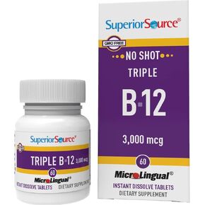 Superior Source No Shot Triple B12 3000 mcg, Quick Dissolve MicroLingual Tablets, 60 Ct, Methylcobalamin, Adenosylcobalamin & Cyanocobalamin, Cognitive & Heart Health, Nervous System, Non-GMO in Kuwait