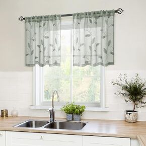 HOMEIDEAS Stone Blue Sheer Kitchen Curtains 52 x 45 Inch Length 2 Panels Embroidered Leaf Pattern Short Curtains for Bedroom Half Small Bathroom Window Rod Pocket Tiers in Kuwait