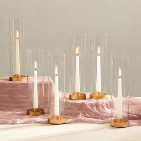NUPTIO Hurricane Glass Candlestick Holders: 10 Set Bulk Gold Taper Candle Holder Metal Candle Stick Stand with 11.81 inch Tall Windproof Clear Seelves for Outdoor & Indoor Wedding Party Holiday Decor in Kuwait