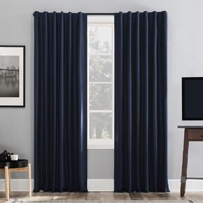 Sun Zero Greyson Faux Dupioni Silk Thermal Extreme Total Blackout Back Tab Curtain Panel, 50" x 95", Navy Blue in Kuwait