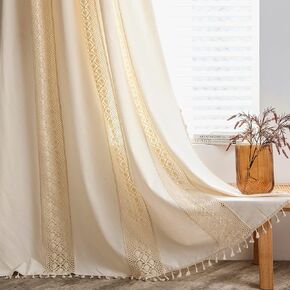 Deeprove Crochet Boho Curtains 84 Inches Long for Bedroom, Bohemian Knitting Lace with Handmade Tassels, Vintage Semi Sheer Hollow Striped, Retro Window Treatment 1 Panel W59 x L84, White in Kuwait