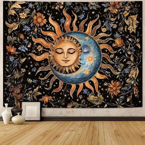 Aipon Sun and Moon Tapestry for Bedroom Boho Hippie Floral Wall Tapestry Aesthetic Vintage Stained Glass Plant Small Tapestries Wall Hanging for Living Room Dorm 48 x 36 Inch in Kuwait