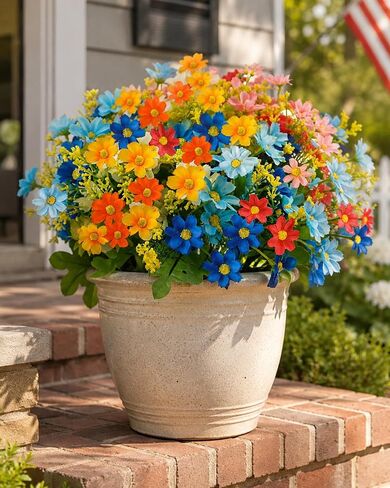 Uieke Artificial Fake Flowers, 6 Bundles Daisy Mums Flowers Outdoor UV Resistant No Fade Greenery Shrubs Plants Indoor Outside Hanging Planter Home Wedding DIY Garden Porch Décor (Orange Yellow) in Kuwait