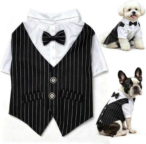 Striped Dog Tuxedo Shirt Formal Suit Bow Tie Costume Stylish Pet Wedding Shirts Dog Prince Wedding Bow Tie Shirt Gentleman Apparel Puppy Clothes for Small Dogs Boys Teddy Summer Thin Outfits in Kuwait